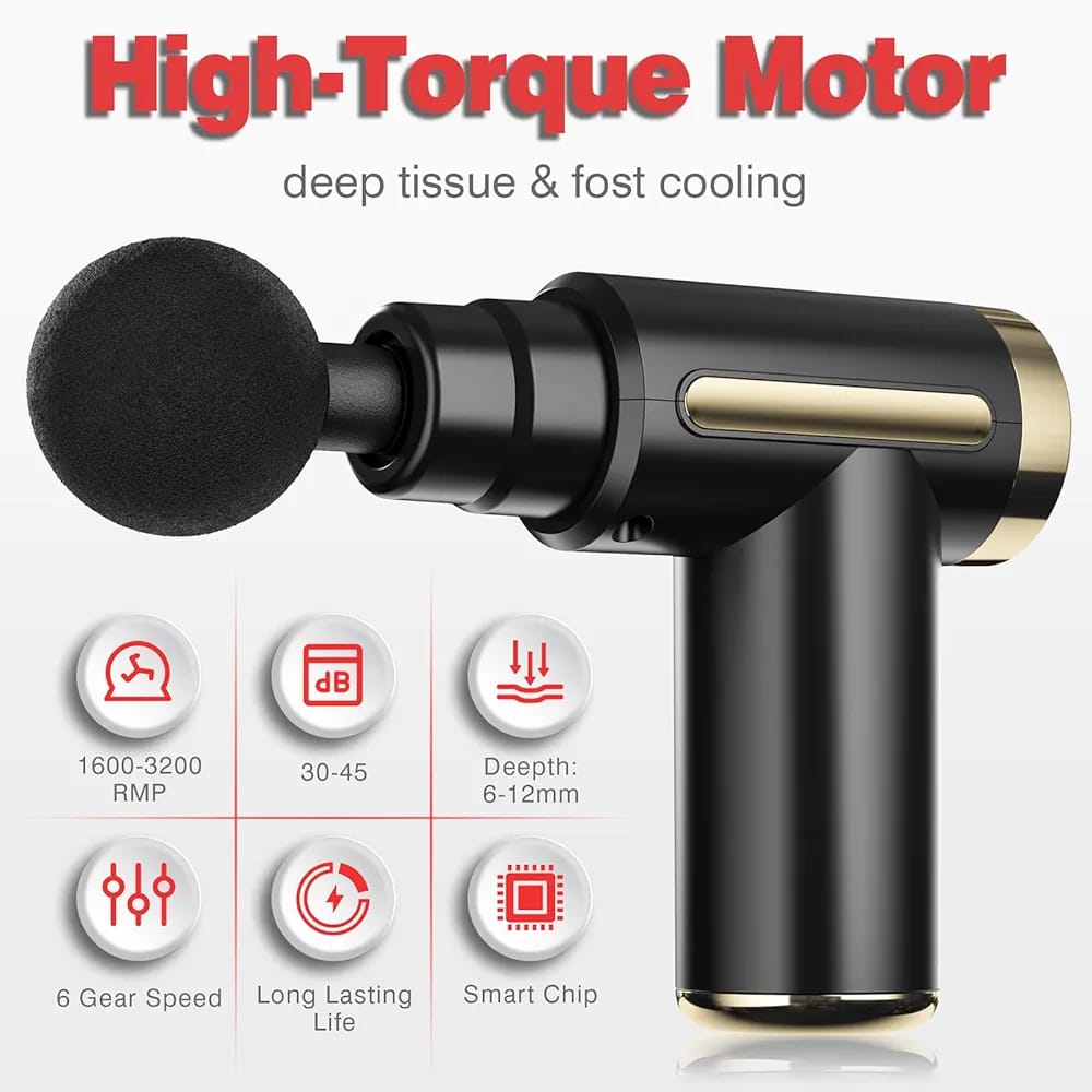 Deep Tissue Massage Gun  Handheld Electric Massager for Muscle Pain Relief with 6 Attachments & Adjustable Speed