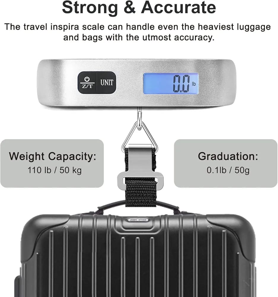 ravel Inspira Digital Luggage Scale – 110lb Capacity, Portable Hanging Baggage Scale with Battery –(Silver)
