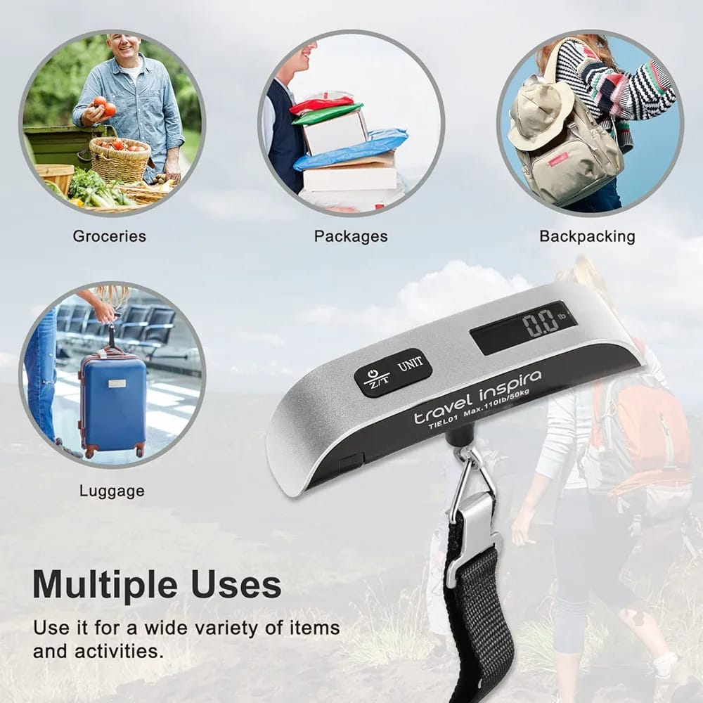 ravel Inspira Digital Luggage Scale – 110lb Capacity, Portable Hanging Baggage Scale with Battery –(Silver)