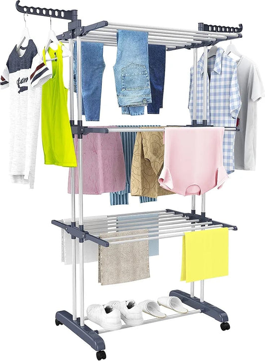 HOMIDEC 4-Tier Foldable Clothes Drying Rack – Oversized Stainless Steel Rack with Wheels, 24 Poles & 14 Hooks (Grey)