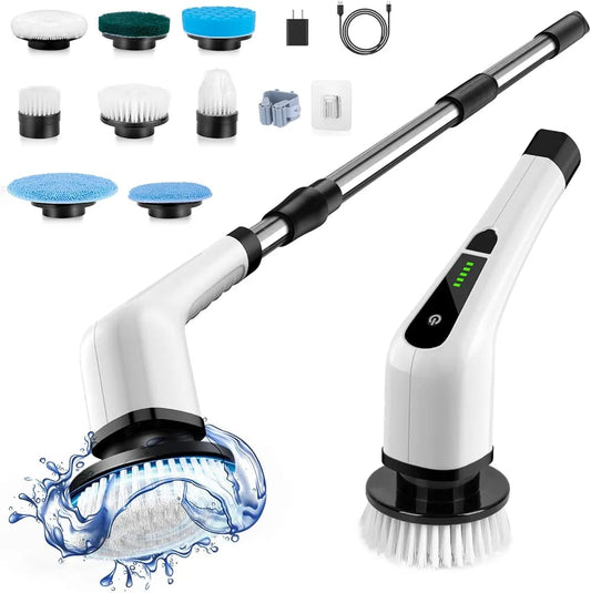 Bomves Cordless Electric Spin Scrubber – 8 Brush Heads, 90 Min Runtime, 3-Length Handle, 2 Speeds for Bathroom, Kitchen & Car