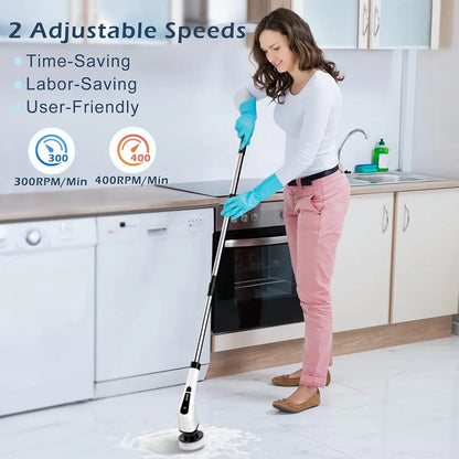 Bomves Cordless Electric Spin Scrubber – 8 Brush Heads, 90 Min Runtime, 3-Length Handle, 2 Speeds for Bathroom, Kitchen & Car